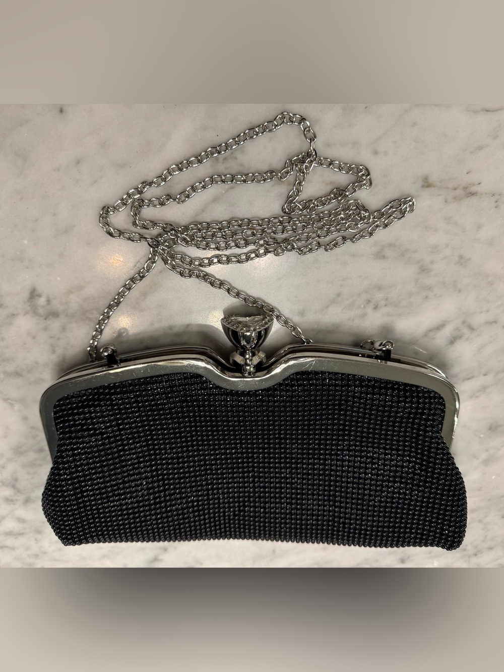 Kate Landry Black Beaded Evening Clutch with Silver Chain